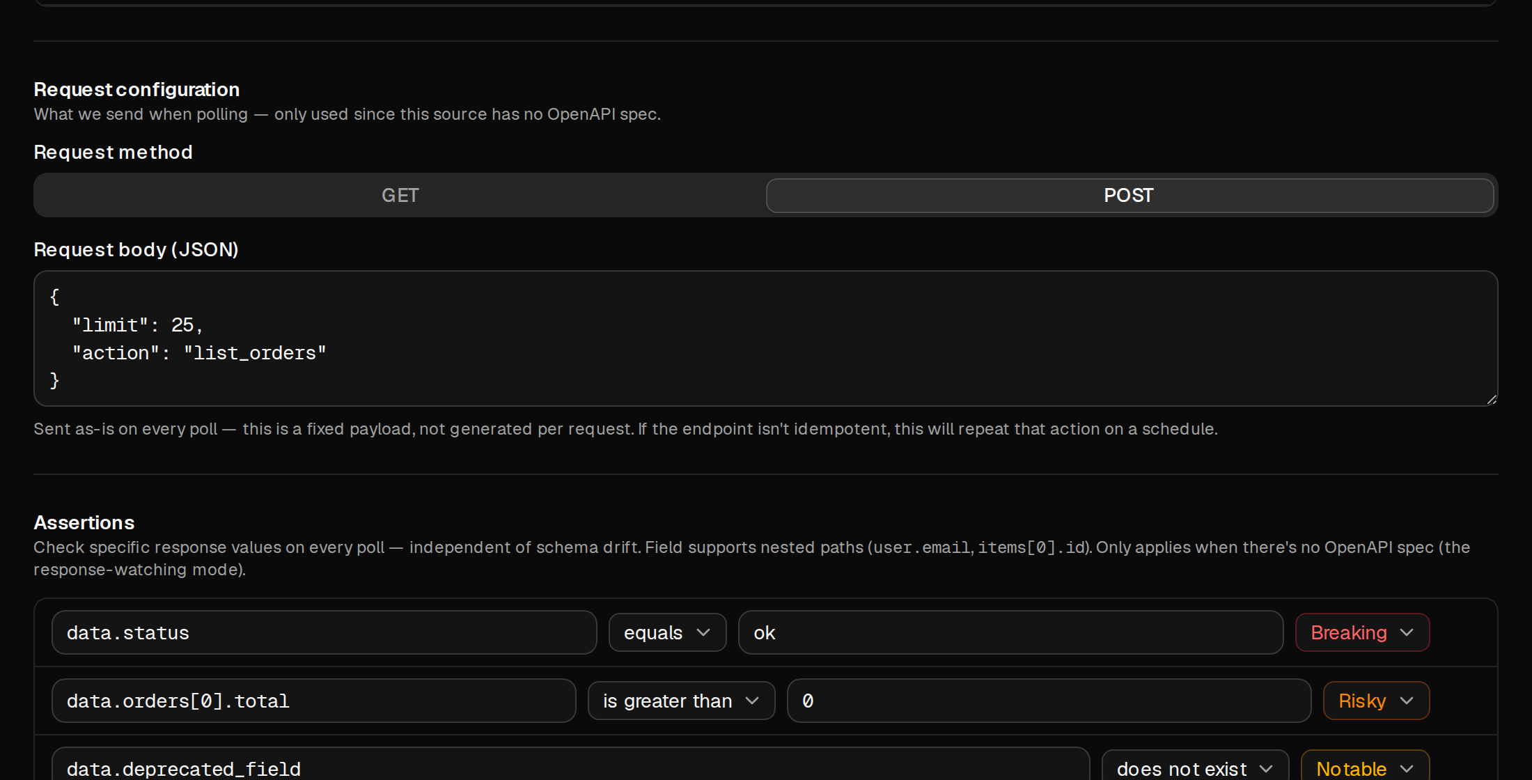A POST request configuration and a list of assertions checking nested response fields
