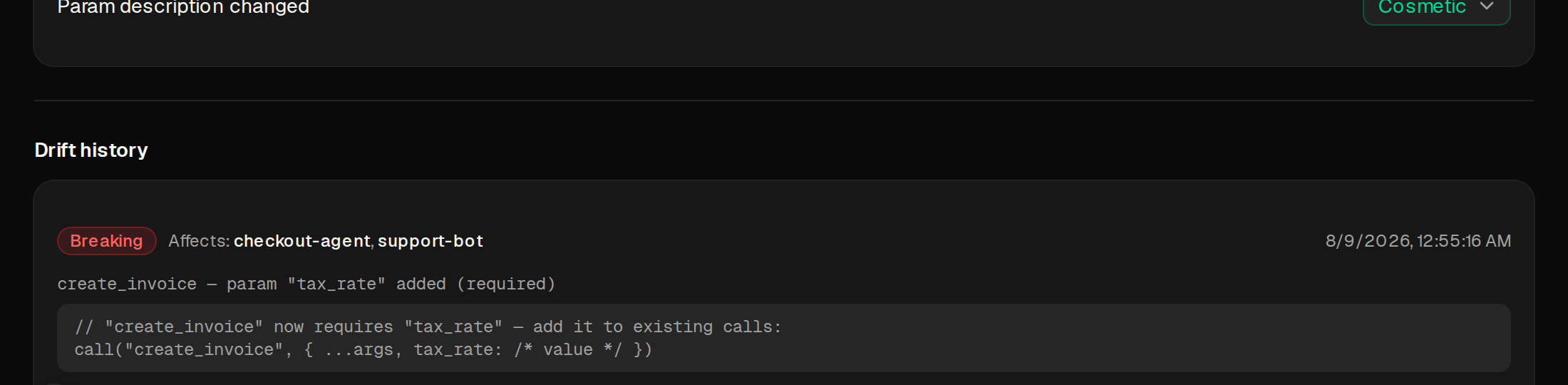 A breaking drift event showing the affected consumers and a suggested code fix