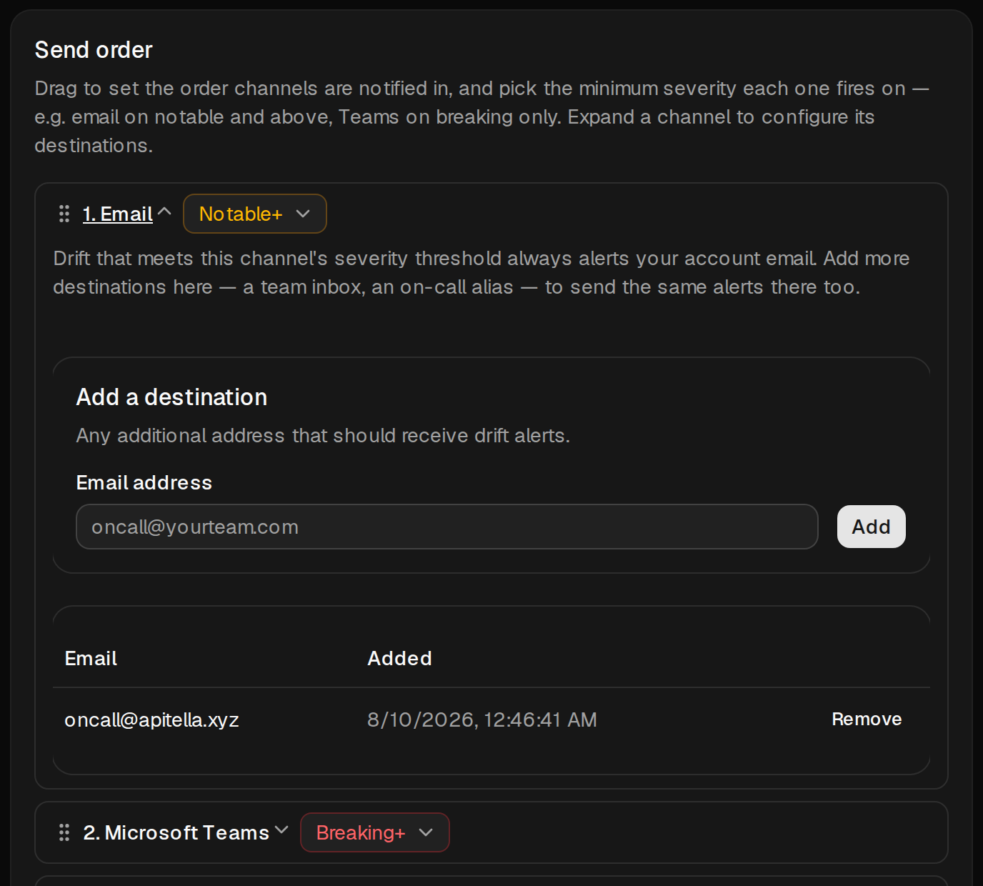 Notification settings showing a per-channel severity threshold and drag-to-reorder send order for Email, Microsoft Teams, and Slack, with Email expanded to show its configured destinations